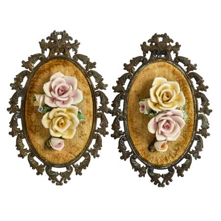Antique Pair of Capodimonte Porcelain and Brass Ornate Roses in Frame