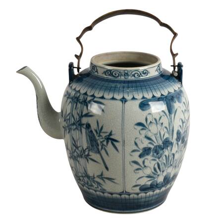 Large Antique Chinese Hand-Painted Blue Porcelain Tea Pot