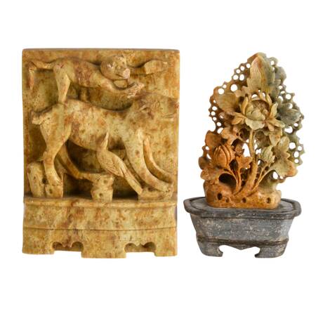 Pair of Chinese Soapstone Items Including a Pun Rebus Carving
