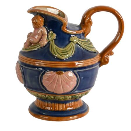 Hand-Painted Majolica-Style Stoneware Cherub Pitcher