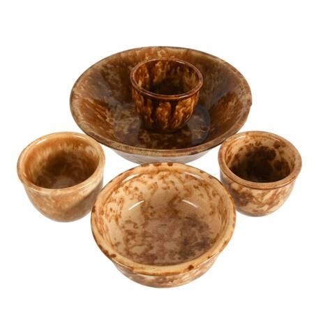 Set of Five Yellow Spongeware Pottery Bowls and Cups in Style of Bennington