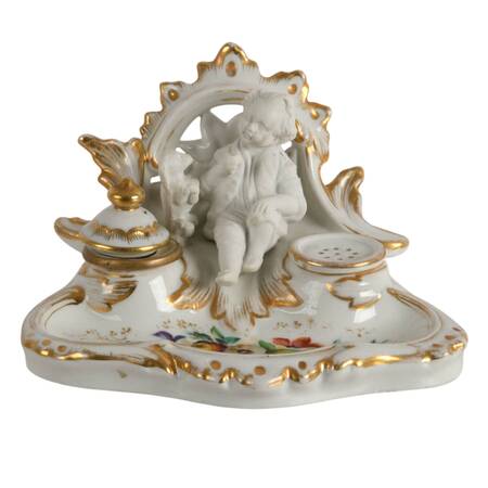 Antique German Porcelain Inkwell Boy with Dog