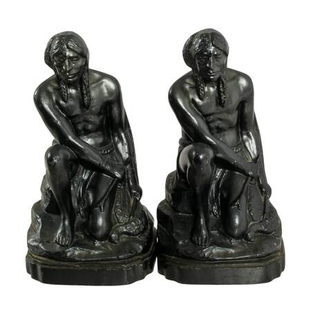 Pair of Cast Metal Native American Hunter Bookends After C.M. Russell