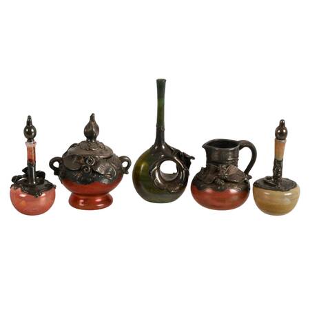 5 Israeli King Solomon Art Nouveau Glass Bottles with Silver Overlay