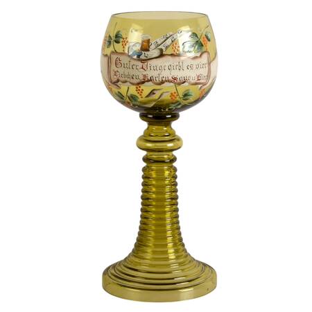 Large Hand-Painted German "Four Good Things" Römer Glass Goblet