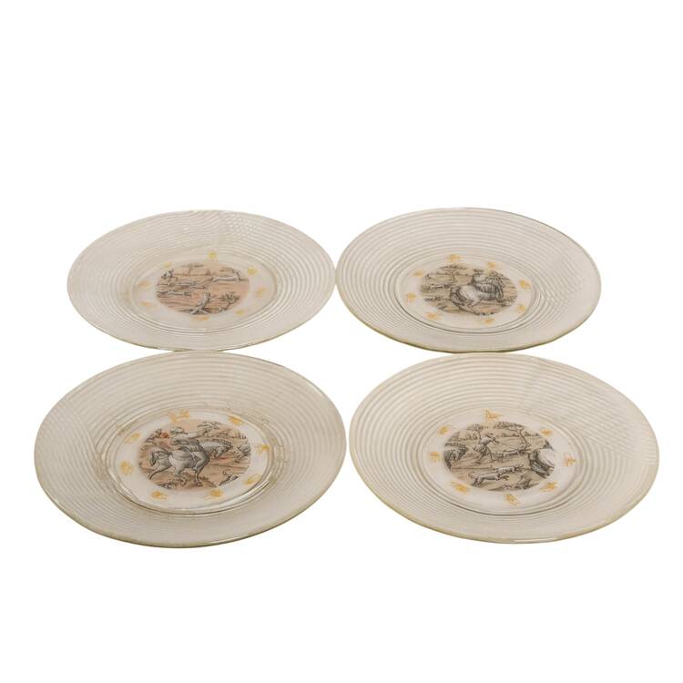 Set of Four Printed Glass Hunting Scene Plates with Shadow Puppet Motif
