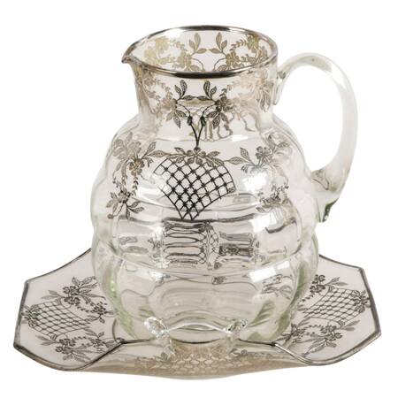 Art Nouveau Floral Silver Crystal Cake Plate and Pitcher Set