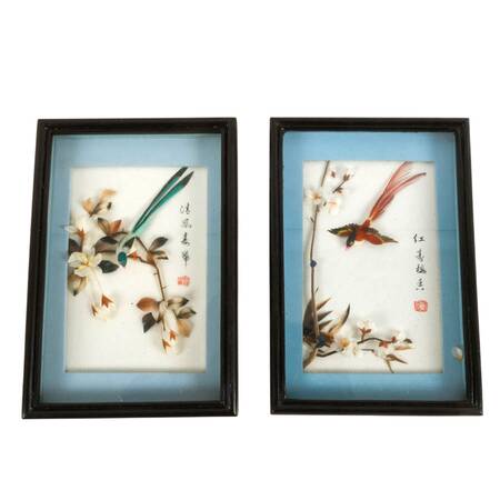 Pair of 3D Chinese Feather Art Red and Green Bird Wall Décor