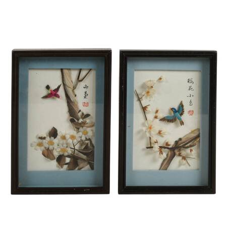 Pair of 3D Chinese Feather Art Pink and Blue Bird Wall Décor