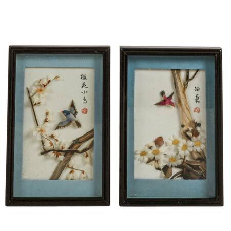 Pair of 3D Chinese Feather Art Blue and Pink Bird Wall Décor