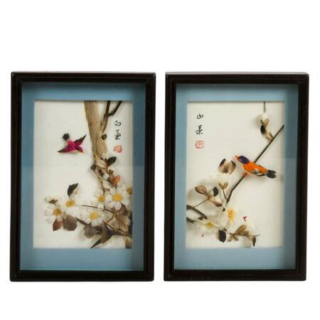 Pair of 3D Chinese Feather Art Pink and Orange Bird Wall Décor