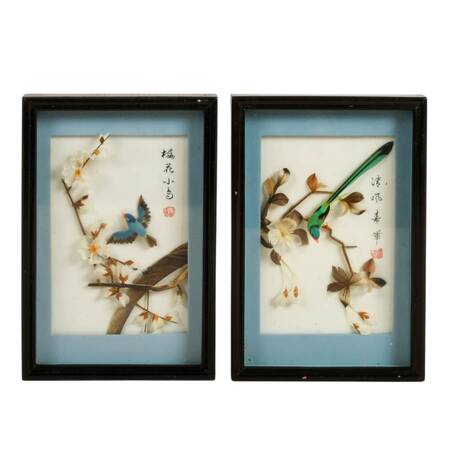 Pair of 3D Chinese Feather Art Blue and Green Bird Wall Décor