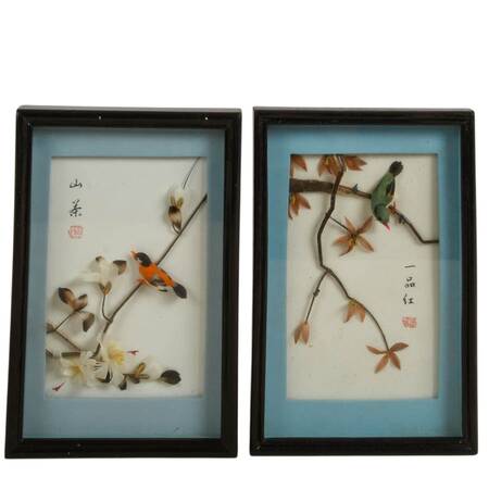 Pair of 3D Chinese Feather Art Orange and Green Bird Wall Décor