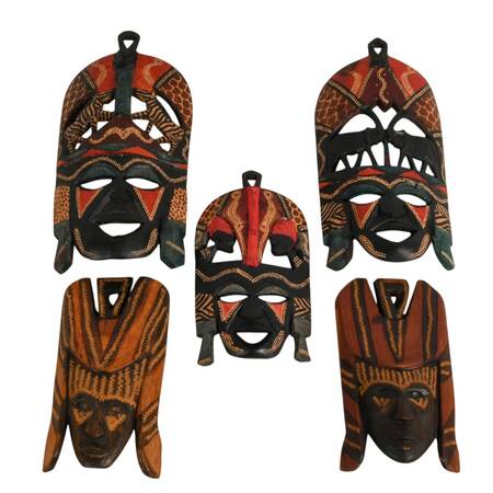 Set of Five Kenyan Hand Carved Decorative Wood Masks