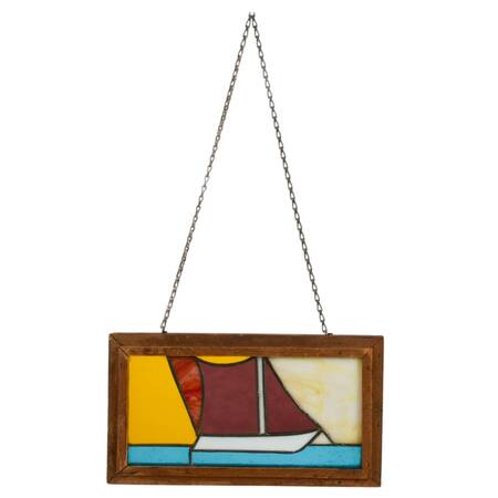 Stained-Glass Sailboat Window Panel in Rustic Wood Frame
