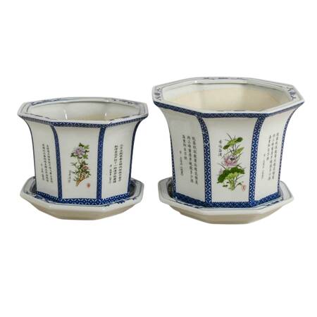 Pair of Chinese Sometsuke Hexagonal Bonsai Tree Pots