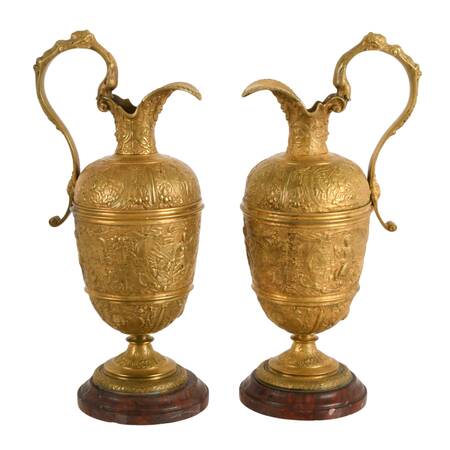 Pair of 19th Century Renaissance Revival Brass Ewers on Marble Bases