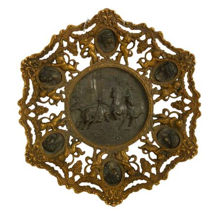 Ornate Baroque Roman Chariot Cast Brass Relief Charger Wall Plaque