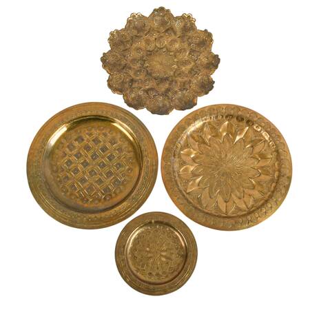 Set of Four Vintage Engraved Floral Starbust Motif Brass Wall Plates