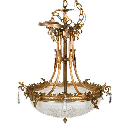 Brass and Crystal Hanging Ceiling Light with Etched Shade