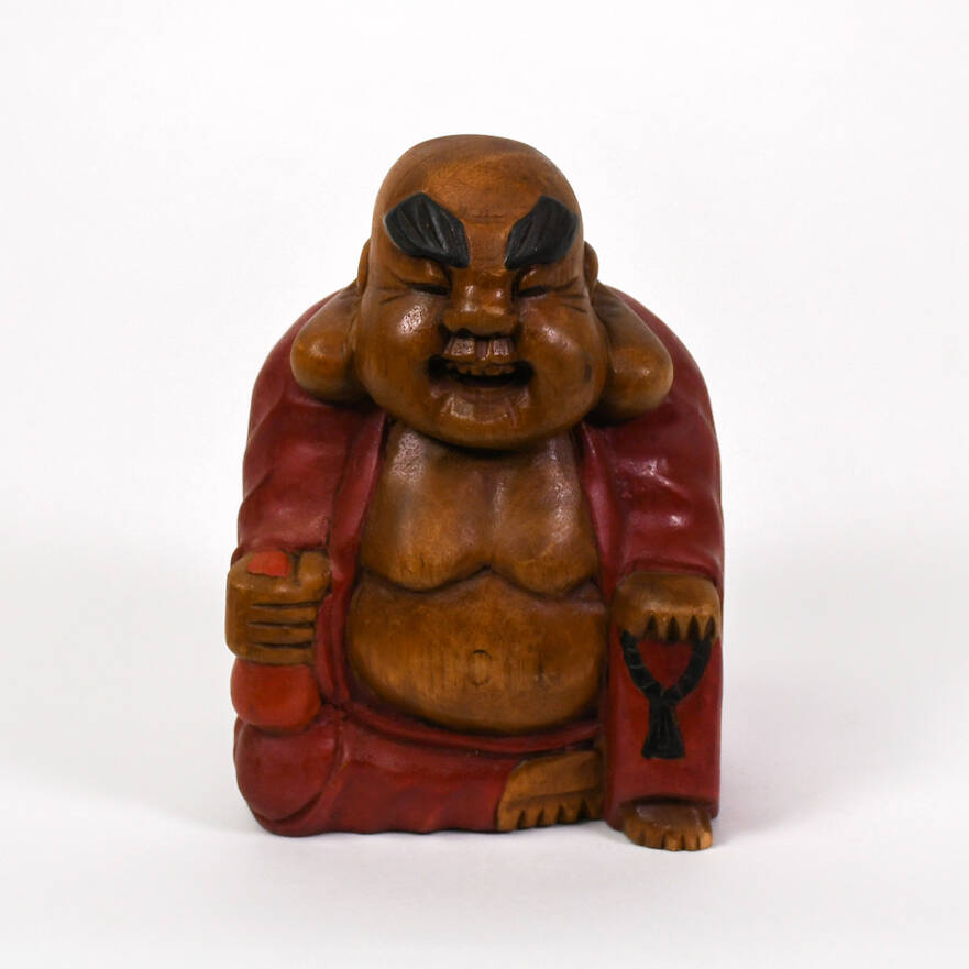 Hand-Carved Wood Laughing Buddha Figure