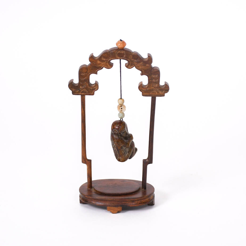 Figure Stone Carved Monkey Netsuke on Wood Stand