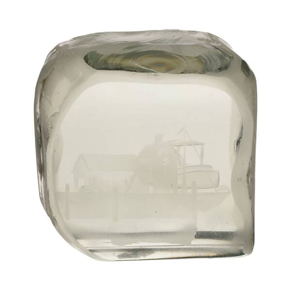 R. M. Yate Art Glass Sculpture with Etched Ship Harbor Decoration