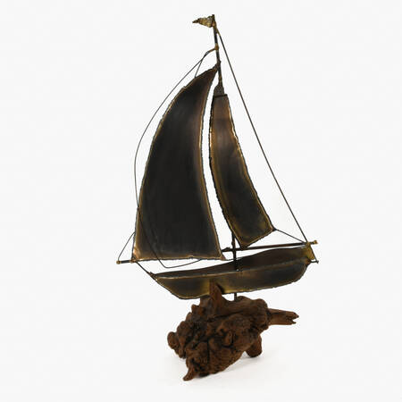 Brutalist-Style Brass and Copper Boat Model on Driftwood Waves Base