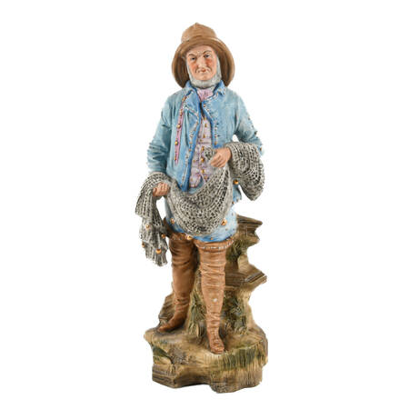 Antique Continental Bisque Fisherman Statue