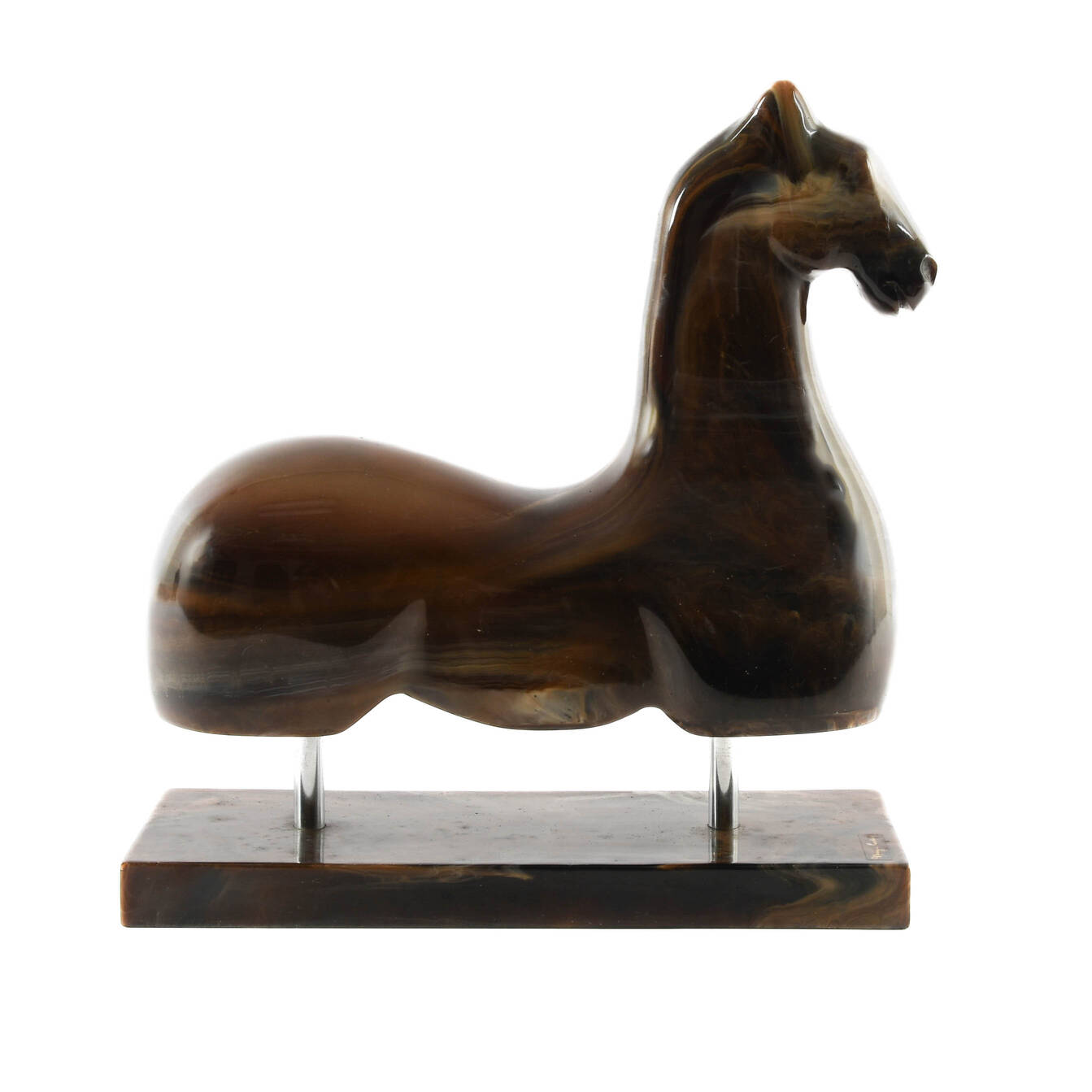 Signed Reclining Horse Composition Sculpture on Base