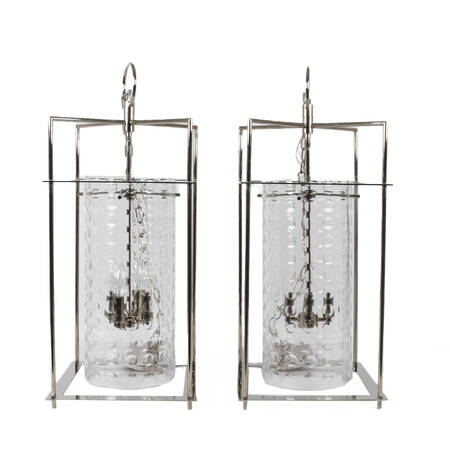 Pair of Hanging Glass and Chrome Indoor Outdoor Pendant Lights