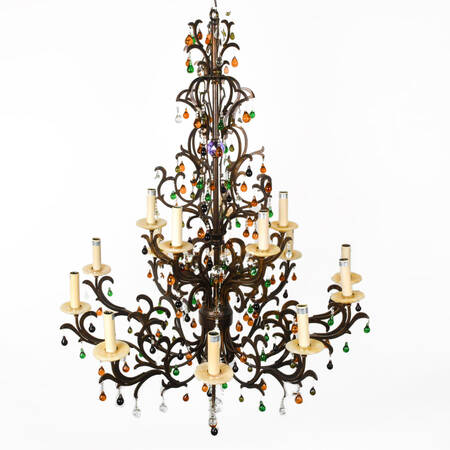 Rock Crystal and Quartz Fifteen-Light Wrought Iron Chandelier