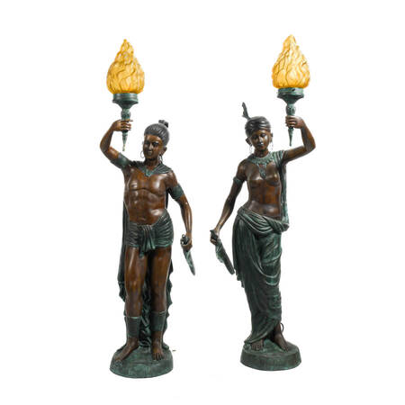 Signed Leonardo Rossi Pair of Monumental Bronze Figure Floor Lamps