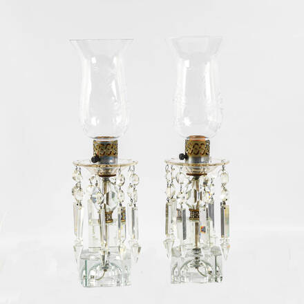 Pair of Crystal and Prism Hurricane Table Lamps