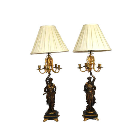 Pair of French Bronze Figural Candelabras Table Lamps