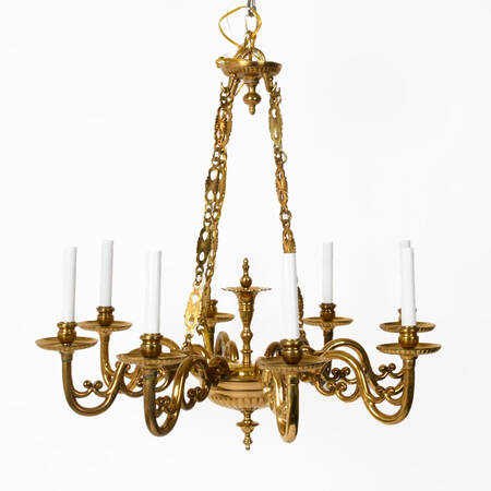 1930s Eight Arm Brass Candelabra Chandelier