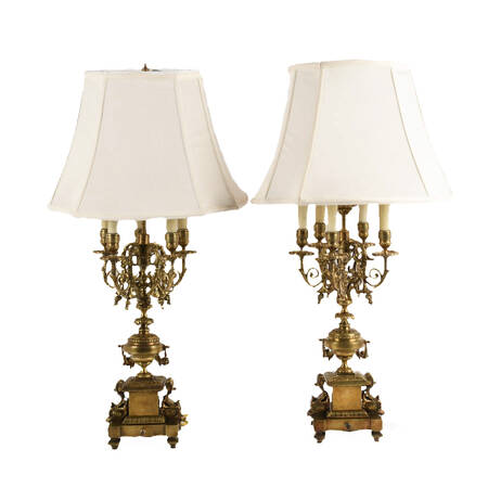 Antique Pair of Ornate Bronze and Brass Candelabra Lamps