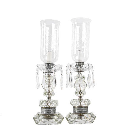 Pair of Crystal and Prism Hurricane Table Lamps