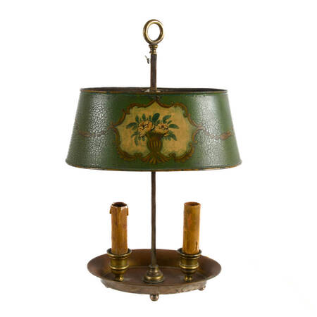 French Bouillote Table Lamp with Tole Painted Shade