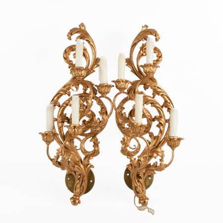 Pair of Inviting Home Florentine Toleware Giltwood Electric Wall Sconces