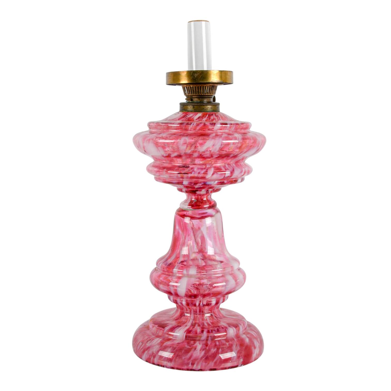 Antique Spatter Glass Pink and White Converted Oil Lamp