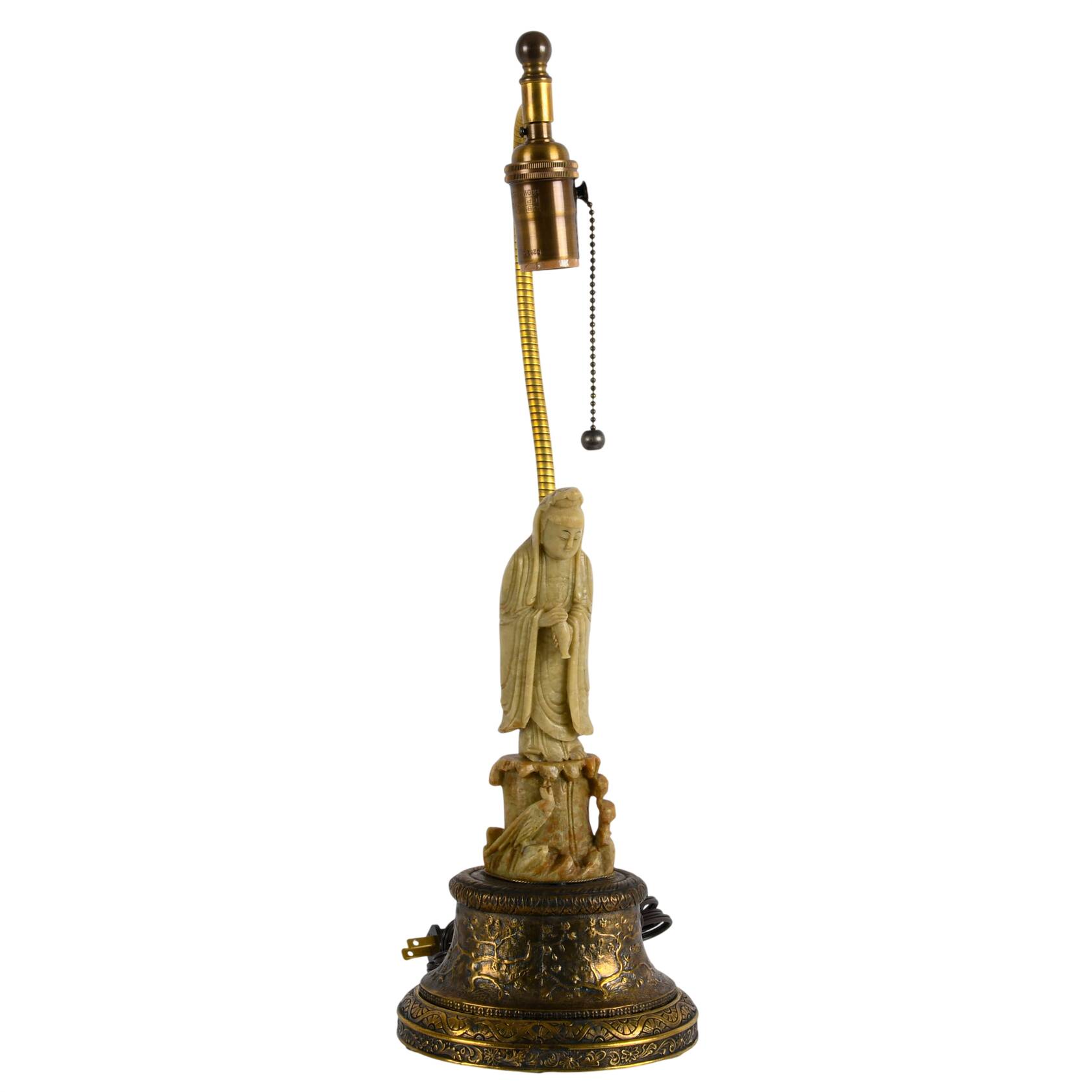 Carved Chinese Soapstone Figural Table Lamp