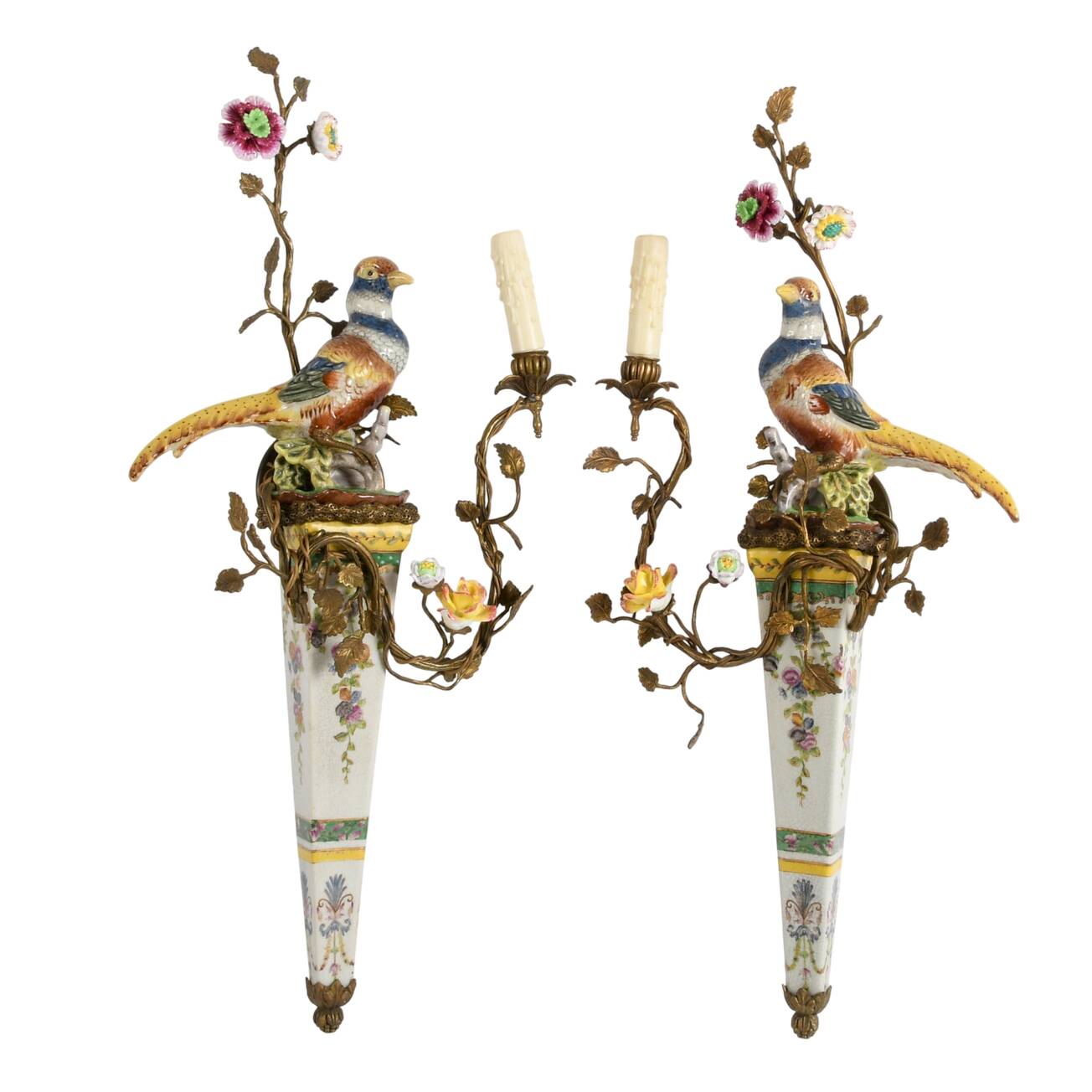 Matched Pair of Porcelain and Gilt Castilian Bird Wall Sconces