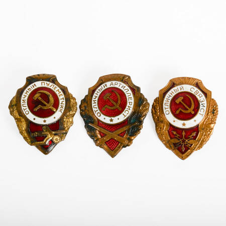 Grouping of Three Soviet Union Brass and Enamel Badges