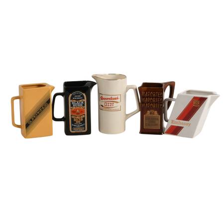Grouping of Five Alcohol Advertising Ceramic Pitchers