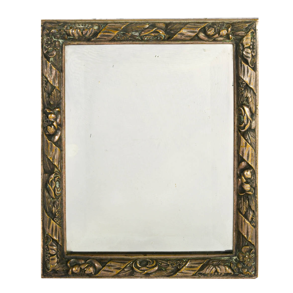 Antique Beveled Mirror with Floral Embossed Metal Frame