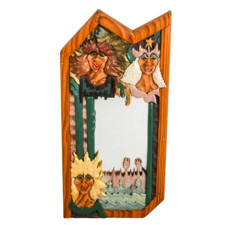 Signed R.A. Pitz Hand-Carved Whimsical Wood Wall Mirror