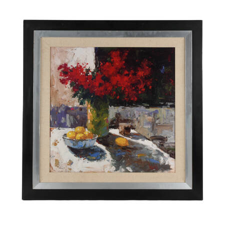 Framed Mira Still Life with Red Flowers and Lemons Print