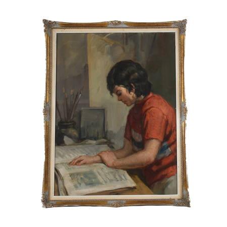 Framed Oil on Canvas Titled "Young Seated Girl Artist"