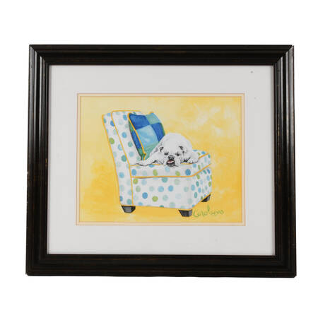 Framed Print of Carol Dillon's "Bulldog on Polka Dots"